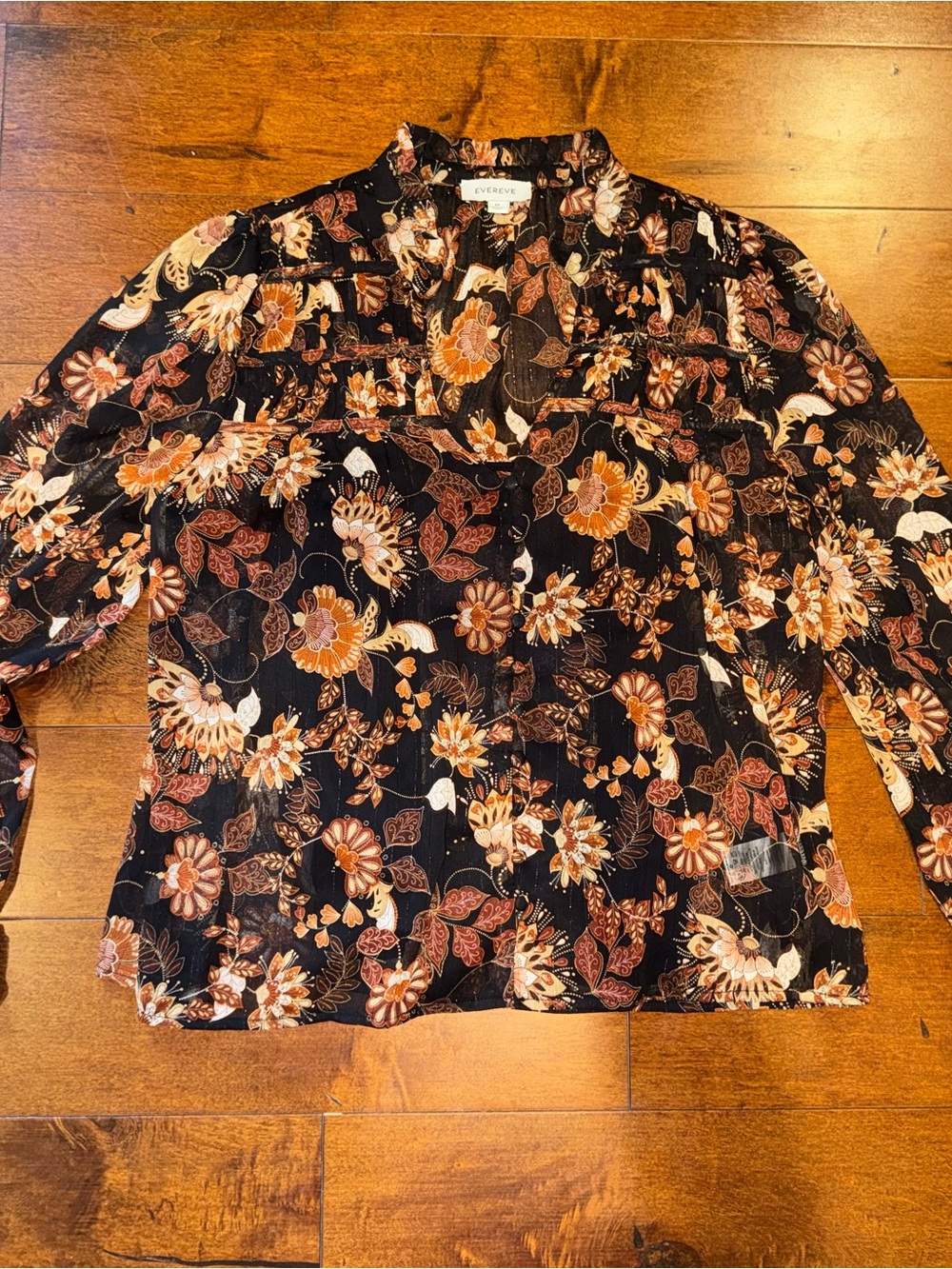 Evereve Black Floral Button-Up with Rust & Cream Accents